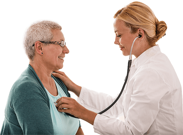 A female doctor is checking a woman's heart with a stethoscope.