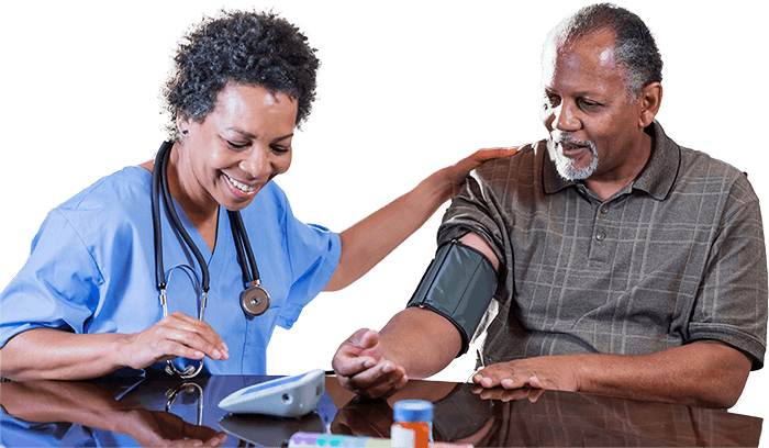 A doctor is measuring a man's blood pressure.