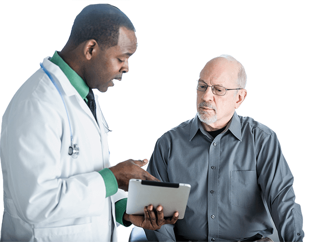 A male doctor is talking to his patient, showing a chart on his tablet PC.
