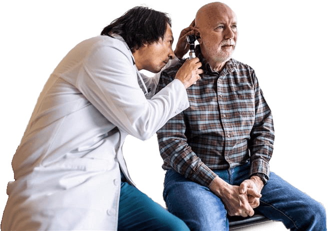 A doctor checking the old man's ear